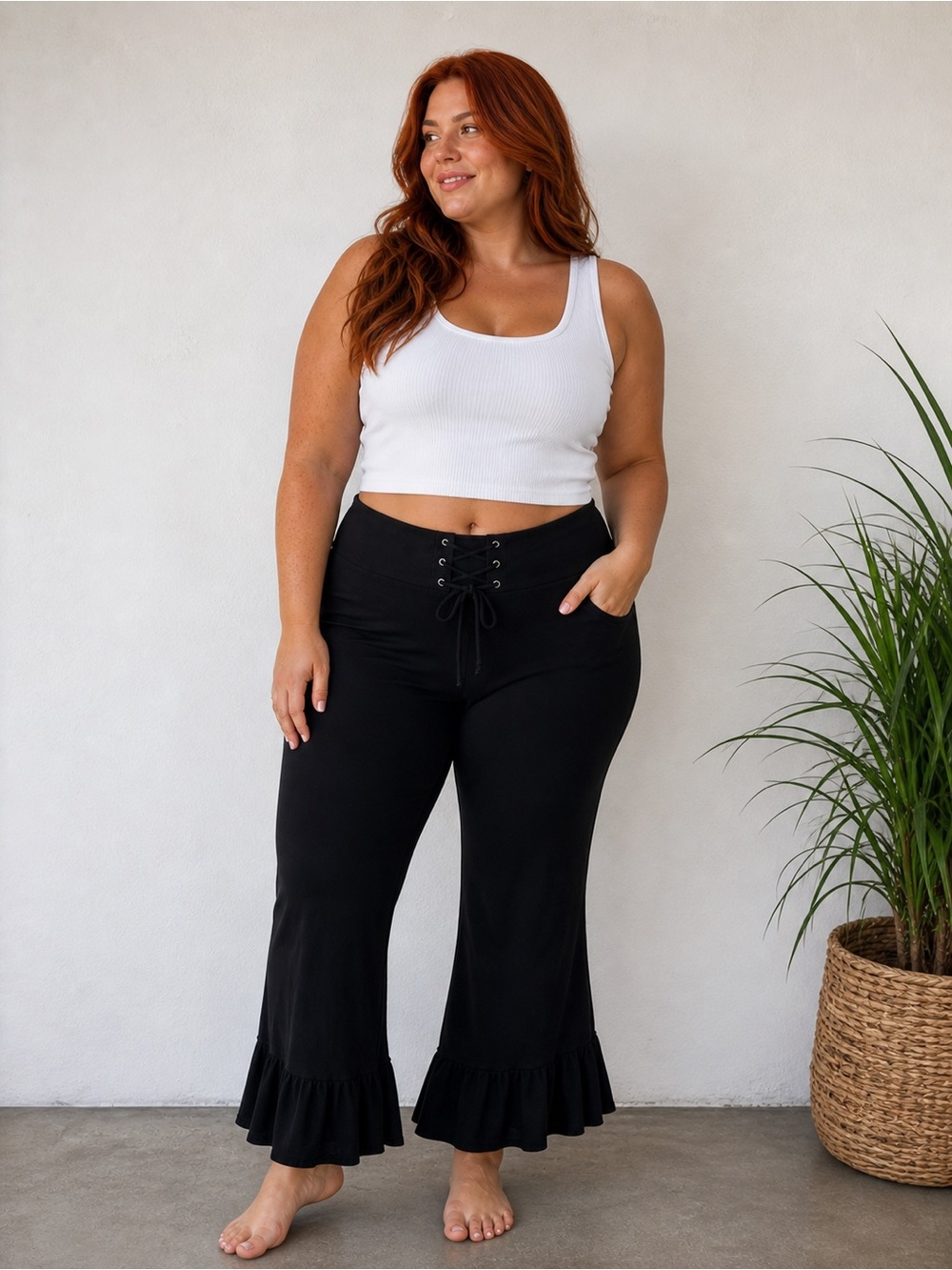 💟 Monteau Black Lace-Up Ruffle Hem Pants